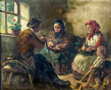Antal Anton Peczely (Hungary,1891-1963) oil painting: ARTIST: Antal Anton Peczeli (Hungarian, 1891 - 1963) TITLE: Interior Scene MEDIUM: oil on canvas CONDITION: Missing a few flakes of paint. Minor craquelure. Few small inpaitings mostly by the left edg