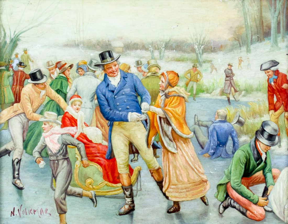 AFTER Frank Dadd (UK,1851-1929) oil painting: ARTIST: N Volkmar (American, 20 century) AFTER Frank Dadd (English,1851-1929) NAME: Ice Skating MEDIUM: oil on board CONDITION: Some small scratches/paint losses. Minor craquelure. No visible inpaint