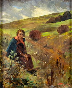 Karoly Wolff (Hungary,1869-1944) oil painting antique: ARTIST: Karoly Wolff (Hungarian, 1869 - 1944) TITLE: Woman Sitting in Field MEDIUM: oil on board CONDITION: Some damages to lower left corner. Minor paint losses. Some small scattered inpaintings. ART