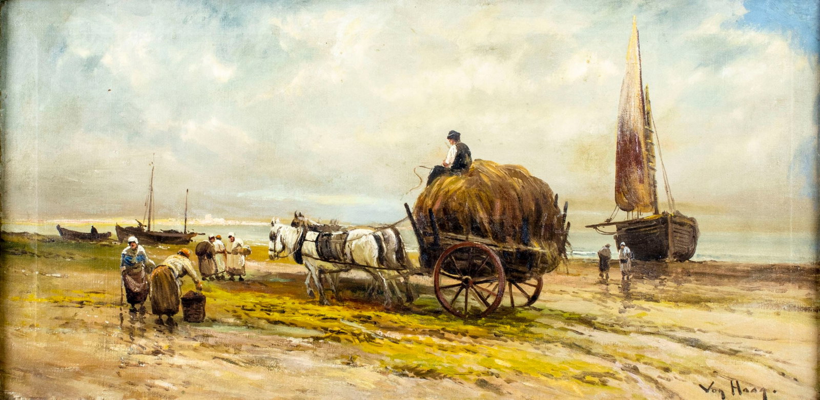 Von Haag (Dutch,early 20C) oil painting antique: ARTIST: Von Haag (Holland, early 20 century) TITLE: Coastal Scene MEDIUM: oil on canvas CONDITION: Few small patches. Few minor paint losses. Some small scattered inpaintings. Minor damages to frame.