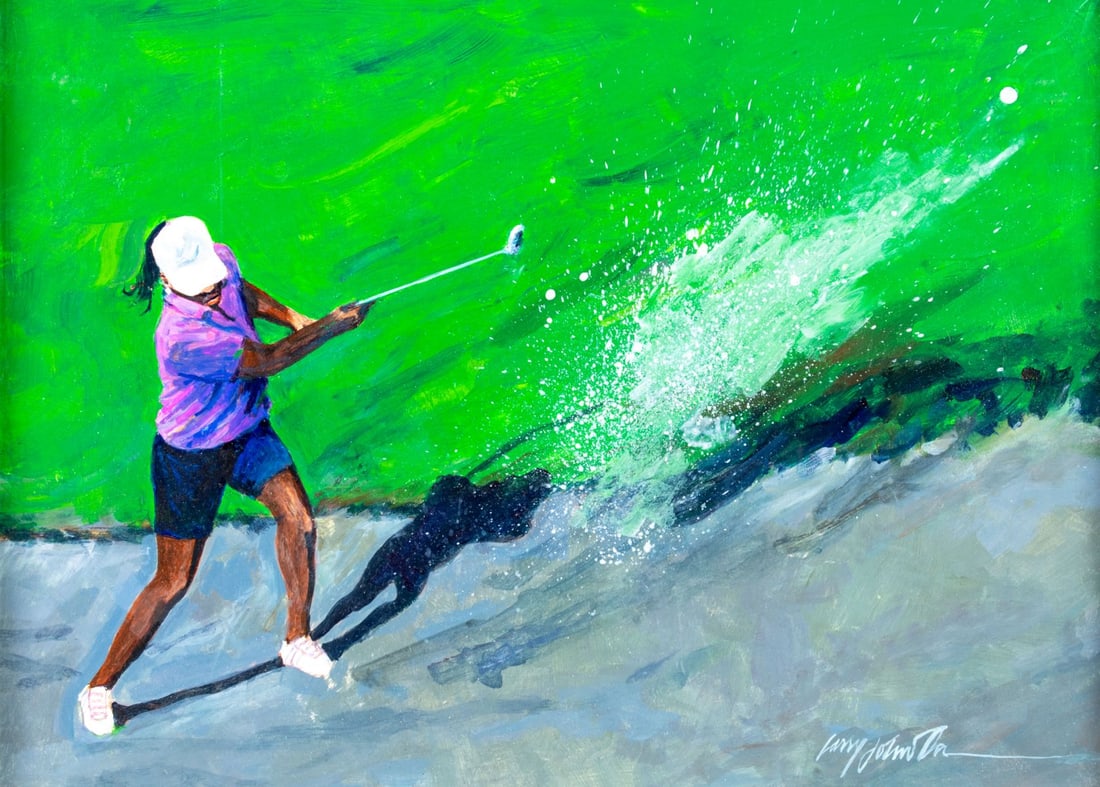 Larry Johnson (US,b 1949) oil painting: ARTIST: Larry Johnson (American, born 1949) TITLE: Golf Scene MEDIUM: oil on board CONDITION: Very good. No visible inpaint under UV light. ART SIZE: 15 x 20 inches / 38 x 50 cm FRAME SIZE: 19 x 24 in