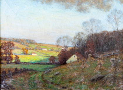 William Merritt Post (CT,NY,1856-1935) oil painting antique: ARTIST: William Merritt Post (Connecticut, New York, 1856 - 1935) TITLE: Country Landscape MEDIUM: oil on canvas CONDITION: One small patch. Few small paint losses. Some craquelure. No visible inpaint