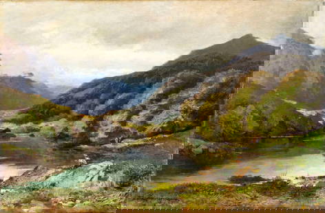 Friedrich Zimmermann (Swiss,1823-1884) oil painting antique: ARTIST: Fred Zimmerman (Switzerland, 1823 - 1884) NAME: Mountain Lake Landscape MEDIUM: oil on canvas CONDITION: Few minor paint losses. Some craquelure. No visible inpaint under UV light. SIGHT SIZE: