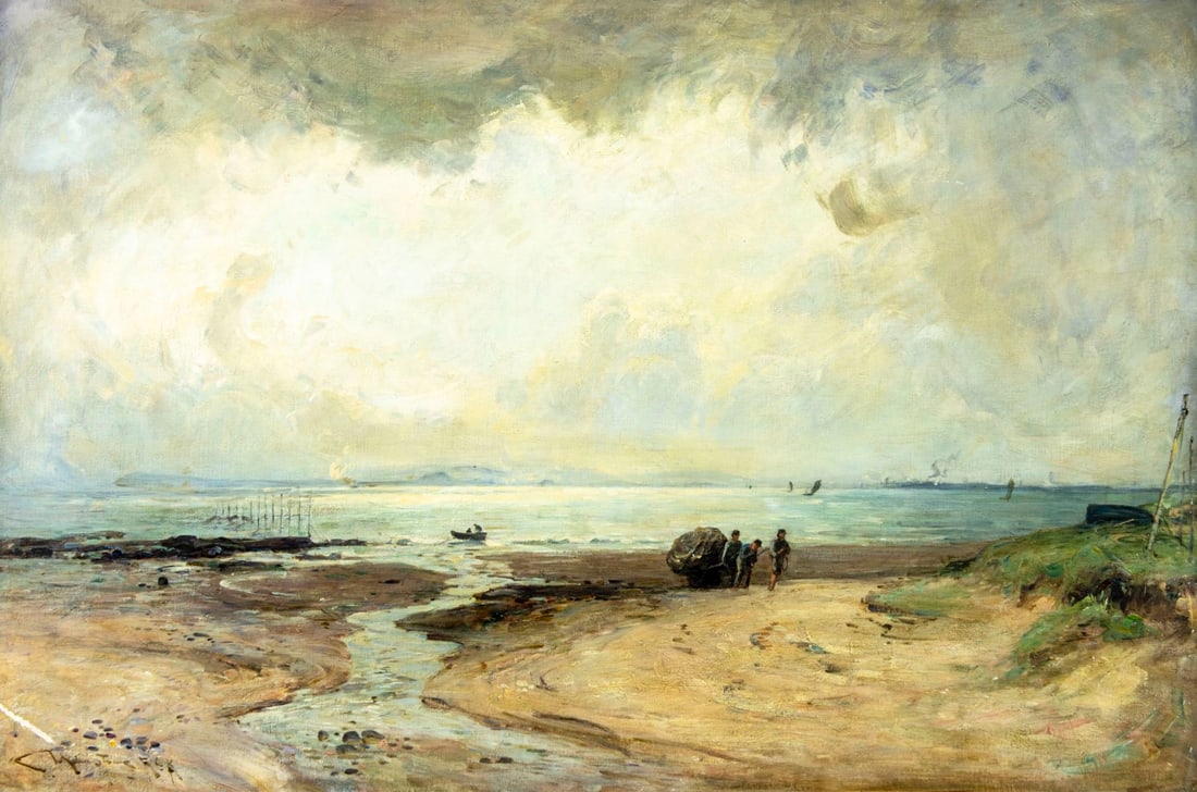 Antique 19C British oil painting signed: ARTIST: - (United Kindom, 19 century) TITLE: Coastal Scene MEDIUM: oil on canvas CONDITION: One patch. Some paint losses mostly by the lower left edge. Few nail holes along edges. Very minor craquelur