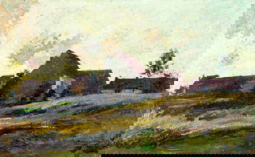 Armand Maclot (Belgium,1877-1959) oil painting antique: ARTIST: Armand Maclot (Belgian, 1877 - 1959) TITLE: Belgian Countryside YEAR: 1903 MEDIUM: oil on canvas CONDITION: One patch. Few minor paint losses. Few small scattered inpaitings. Some craquelure.
