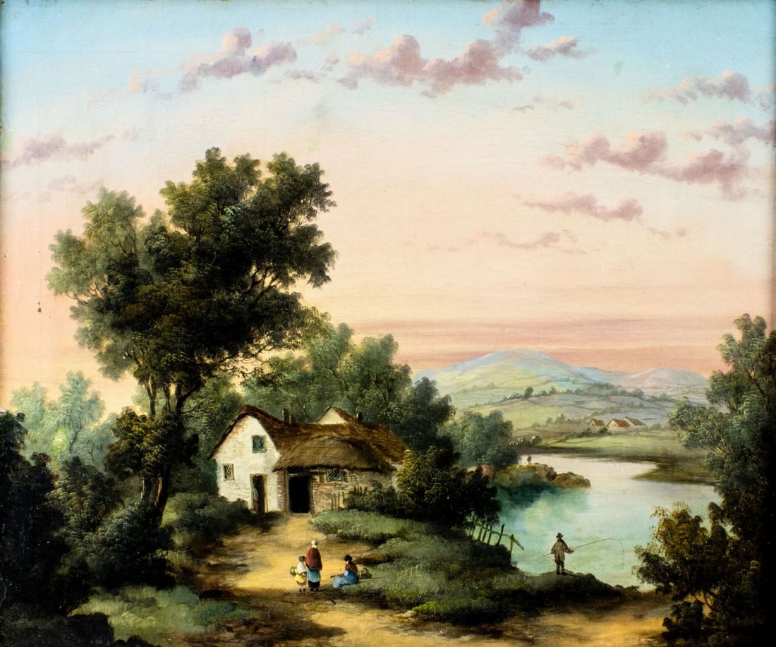 Antique 19C British oil painting: ARTIST: - (Britain, 19 century) TITLE: Sunset Country Landscape MEDIUM: oil on canvas CONDITION: Relined. Few small paint losses. Wear to edges. Some craquelure. Some scattered inpaintings. ART SIZE: 