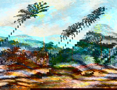 Vintage 20C South American oil painting signed: ARTIST: - ( South American, 20 century) TITLE: Tropical Landscape YEAR: 1972 MEDIUM: oil on canvas CONDITION: Missing a few flakes of paint. No visible inpaint under UV light. ART SIZE: 20 x 26 inches