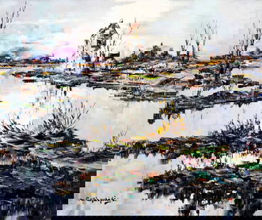 Christo Charpides (Greek,1902-1992) oil painting: ARTIST: Christo Charpides (Greece, 1902 - 1992) NAME: River Village Landscape MEDIUM: oil on canvas CONDITION: Unstretched (In-House stretching available). Few faint crease lines in bottom corners. No