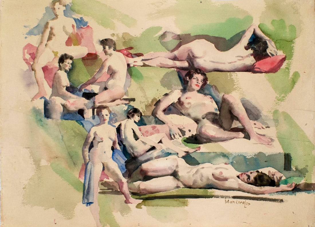 Joseph Maniscalco (MI,NY,1926-2007) watercolor painting: ARTIST: Joseph Maniscalco (Michigan, New York, 1926 - 2007) NAME: Nude Figures MEDIUM: watercolor on heavy paper CONDITION: Some age toning. SIGHT SIZE: 22 x 30 inches / 55 x 76 cm FRAME SIZE: unframe