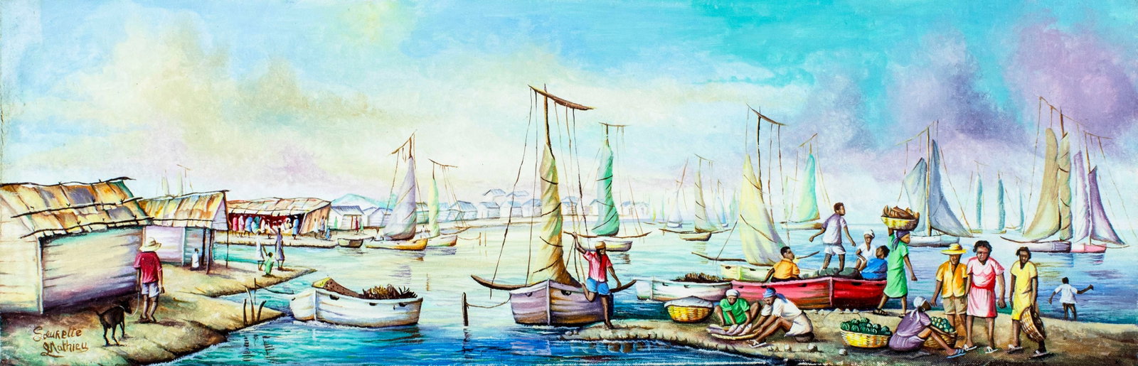 Soeurette Mathieu (Haiti,Canada,b 1949) oil painting: ARTIST: Marie - Soeurette Mathieu (Haitian, Canadian, born 1949) TITLE: Haitian Harbor Scene MEDIUM: oil on canvas CONDITION: Small paint losses along edges. No visible inpaint under UV light. ART SIZ