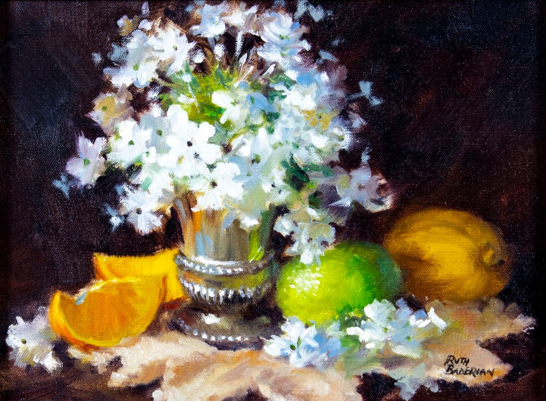 Ruth Baderian (NY,1927-2010) oil painting: ARTIST: Ruth Baderian (New York, 1927 - 2010) TITLE: Still Life with Vase of Flowers and Fruits MEDIUM: oil on board CONDITION: Very good. No visible inpaint under UV light. ART SIZE: 9 x 12 inches / 