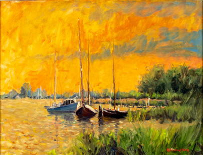 Robert Waltsak (NJ,b 1944) oil painting: ARTIST: Robert Alan Waltsak (New Jersey, born 1944) TITLE: Sunset Landscape MEDIUM: oil on board CONDITION: Very good. No visible inpaint under UV light. ART SIZE: 24 x 32 inches / 60 x 81 cm FRAME