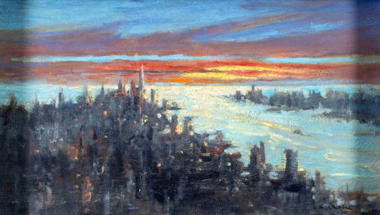 Robert Waltsak (NJ,b 1944) oil painting: ARTIST: Robert Alan Waltsak (New Jersey, born 1944) TITLE: NY Harbor (titled on verso) YEAR: 2018 MEDIUM: oil on canvas CONDITION: One minor paint loss by the upper edge. No visible inpaint under UV