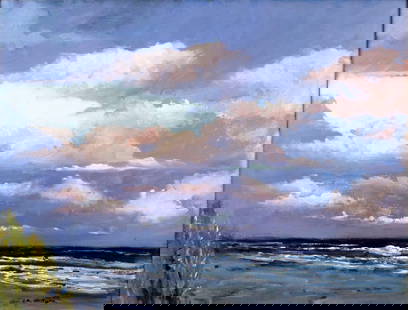 Robert Waltsak (NJ,b 1944) oil painting: ARTIST: Robert Alan Waltsak (New Jersey, born 1944) TITLE: Pink Sky over the Ocean (titled on verso) MEDIUM: oil on canvas CONDITION: Very good. No visible inpaint under UV light. ART SIZE: 30 x 40 in