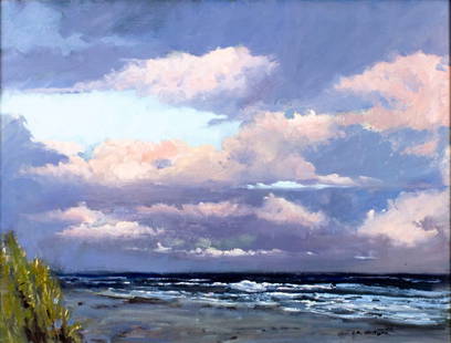 Robert Waltsak (NJ,b 1944) oil painting: ARTIST: Robert Alan Waltsak (New Jersey, born 1944) TITLE: Pink Sky over the Ocean (titled on verso) MEDIUM: oil on canvas CONDITION: Very good. No visible inpaint under UV light. ART SIZE: 30 x 40