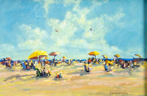 Robert Waltsak (NJ,b 1944) oil painting: ARTIST: Robert Alan Waltsak (New Jersey, born 1944) TITLE: Beach Scene MEDIUM: oil on board CONDITION: Very good. No visible inpaint under UV light. ART SIZE: 16 x 26 inches / 40 x 66 cm FRAME SIZE: