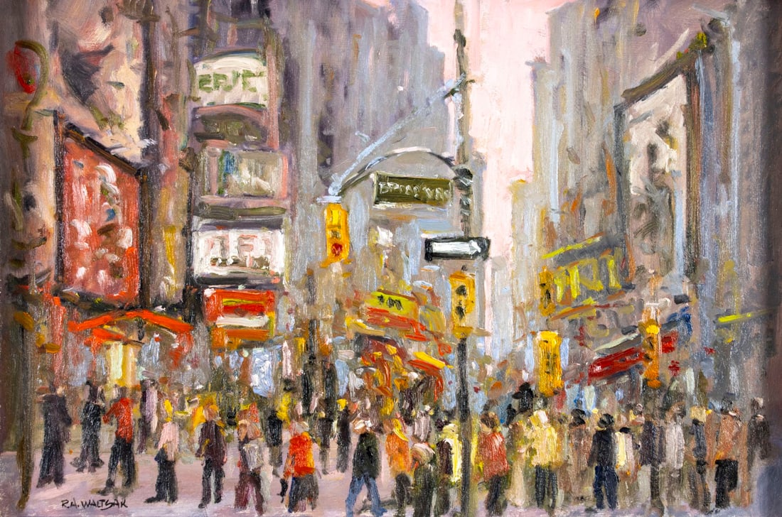 Robert Waltsak (NJ,b 1944) oil painting: ARTIST: Robert Alan Waltsak (New Jersey, born 1944) TITLE: Broadway Street Scene MEDIUM: oil on board CONDITION: Very good. No visible inpaint under UV light. ART SIZE: 16 x 24 inches / 40 x 60 cm FRA