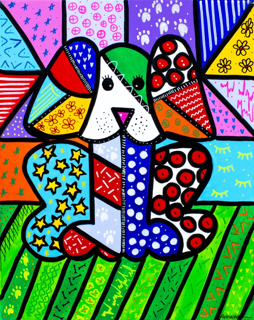 Antonina (US,20/21C) oil painting: ARTIST: Antonina (US,20/21C) TITLE: Dog MEDIUM: oil on canvas CONDITION: Very good. No visible inpaint under UV light. ART SIZE: 20 x 16 inches / 50 x 40 cm FRAME SIZE: unframed (In-House framing avai