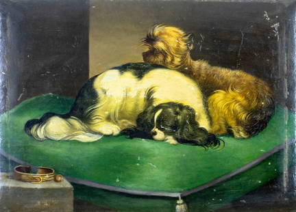 Antique early 20C European oil painting: ARTIST: - (American, early 20 century) TITLE: Two Dogs MEDIUM: oil on board CONDITION: Some small paint losses. Very minor craquelure. Some small scattered inpaintings. Normal wear along edges. ART SI