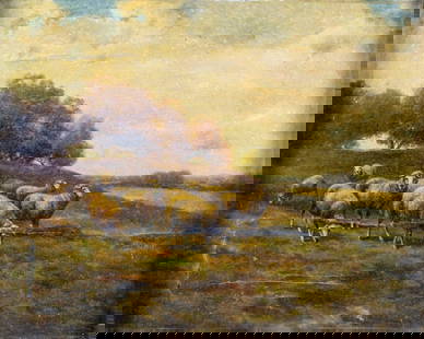 E Olivier (US,19C) oil painting antique: ARTIST: E Olivier (American, 19 century) TITLE: Landscape with Sheep MEDIUM: oil on canvas CONDITION: Relined on plastic film. Some repaired tears. Some paint losses. Minor craquelure. Some small scat