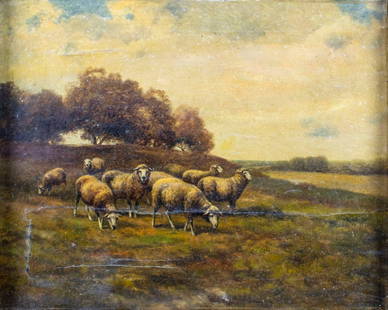 E Olivier (US,19C) oil painting antique: ARTIST: E Olivier (American, 19 century) TITLE: Landscape with Sheep MEDIUM: oil on canvas CONDITION: Relined on plastic film. Some repaired tears. Some paint losses. Minor craquelure. Some small scat