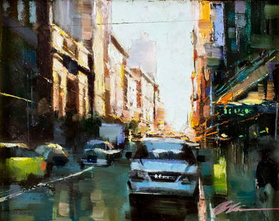 Jian Wu (China,CA,b 1942) oil painting: ARTIST: Jian Wu (Chinese, California, born 1942) TITLE: Post Street (titled on verso) MEDIUM: oil on board CONDITION: Very good. No visible inpaint under UV light. Small damages to frame. ART SIZE: 8