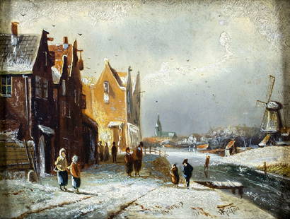 Antique 19C Dutch oil painting signed: ARTIST: - (Netherlands, 19 century) TITLE: Winter Town Street Scene MEDIUM: oil on board CONDITION: Very good. No visible inpaint under UV light. Wear to frame. ART SIZE: 5 x 6 inches / 12 x 15 cm FRA