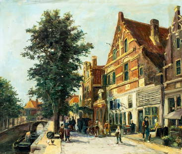 Van Wyk (Dutch,20C) oil painting: ARTIST: Van Wyk (Netherlands, 20 century) TITLE: Town Scene MEDIUM: oil on canvas CONDITION: Two small patches. Minor paint losses. No visible inpaint under UV light. ART SIZE: 20 x 24 inches / 50 x 6