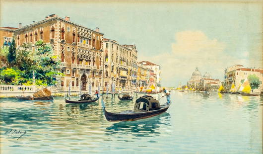 Antique early 20C Italian oil painting signed: ARTIST: - (Italy, early 20 century) TITLE: Venice Cityscape MEDIUM: watercolor on paper CONDITION: Some age toning. Framed under glass. ART SIZE: 11 x 18 inches / 27 x 45 cm FRAME SIZE: 19 x 26 inches