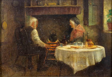 Alfred Armitage (UK,1860-1931) oil painting antique: ARTIST: Alfred Armitage (United Kingdom, 1860 - 1931) TITLE: Old Couple MEDIUM: oil on board CONDITION: Few minor paint losses. Some small scattered inpaintings/touch ups. Minor damages to frame.