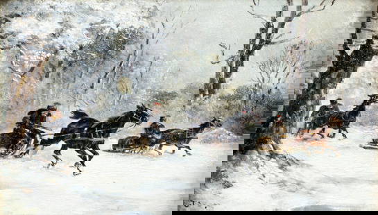 Antique 19C European oil painting signed: ARTIST: - (Europe, 19 century) TITLE: Sleigh Ride MEDIUM: oil on board CONDITION: Few small surface cracks. Few minor paint losses. Minor craquelure. Few small inpaitings. Some damages to frame. ART S
