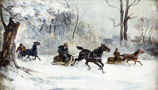 Antique 19C European oil painting signed: ARTIST: - (Europe, 19 century) TITLE: Sleigh Ride MEDIUM: oil on board CONDITION: Few small surface cracks. Few minor paint losses. Minor craquelure. Few small inpaitings. Some damages to frame. ART S