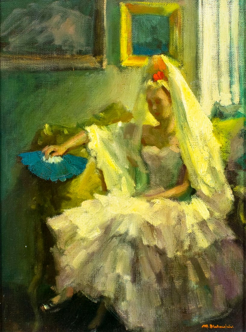 Marcos Blahove (GA,Ukraine,1928-2012) oil painting: ARTIST: Marcos Blahove (Georgia, Ukrainian, 1928 - 2012) TITLE: Spanish Woman with Fan MEDIUM: oil on canvas CONDITION: Missing a few flakes of paint. No visible inpaint under UV light. Wear to frame.