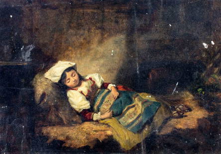 Antique early 20C British oil painting: ARTIST: - (United Kingdom, early 20 century) TITLE: Sleeping Italian Girl MEDIUM: oil on board CONDITION: Some small damages to upper edge and corners. Some small paint losses. No visible inpaint unde