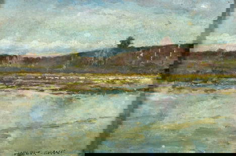 Wilbur Crane (NY,1875-1934) oil painting antique: ARTIST: A Wilbur Crane (New York, 1875 - 1934) TITLE: Autumn Lake Landscape MEDIUM: oil on canvas. Canvas applied to board. CONDITION: Few small paint losses. Very minor craquelure. No visible inpaint