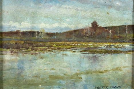 Wilbur Crane (NY,1875-1934) oil painting antique: ARTIST: A Wilbur Crane (New York, 1875 - 1934) TITLE: Autumn Lake Landscape MEDIUM: oil on canvas. Canvas applied to board. CONDITION: Few small paint losses. Very minor craquelure. No visible inpaint