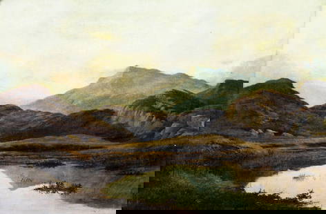 Stephen Baker (UK,19C) oil painting antique: ARTIST: Stephen Baker (British, 19 century) TITLE: Mountain Lake Landscape YEAR: 1876 MEDIUM: oil on canvas CONDITION: Relined. Small damages to canvas by lower right corner. Few small paint losses. M
