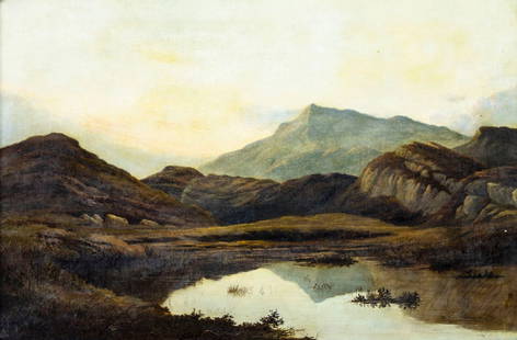 Stephen Baker (UK,19C) oil painting antique: ARTIST: Stephen Baker (British, 19 century) TITLE: Mountain Lake Landscape YEAR: 1876 MEDIUM: oil on canvas CONDITION: Relined. Small damages to canvas by lower right corner. Few small paint losses.