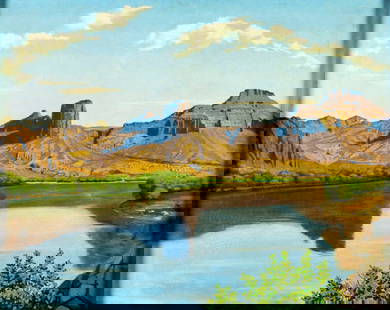 Ludwick Kuszewski (CA,Poland,1886-1960) oil painting: ARTIST: Ludwick Kuszewski (California, Polish, 1886 - 1960) TITLE: Mountain Lake Landscape YEAR: 1941 MEDIUM: oil on canvas CONDITION: Minor paint losses. Few small scratches. Some craquelure. No visi