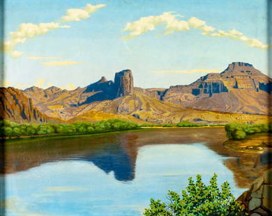 Ludwick Kuszewski (CA,Poland,1886-1960) oil painting: ARTIST: Ludwick Kuszewski (California, Polish, 1886 - 1960) TITLE: Mountain Lake Landscape YEAR: 1941 MEDIUM: oil on canvas CONDITION: Minor paint losses. Few small scratches. Some craquelure. No visi