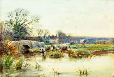 Henry Charles Fox (UK,1860-1925) watercolor painting antique: ARTIST: Henry Charles Fox (United Kingdom, 1860 - 1925) TITLE: River Landscape with Cows MEDIUM: watercolor on paper. Paper applied to board. CONDITION: Few nail holes along edges. Some age toning.