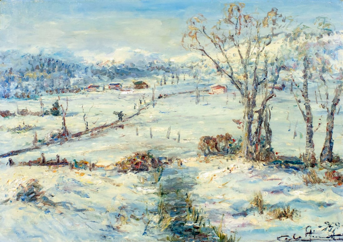 Carlo Aimetti (Italy,1901-1980) oil painting: ARTIST: Carlo Aimetti (Italian, 1901 - 1980) TITLE: Neve in Val Ceresio YEAR: circa 1959 MEDIUM: oil on canvas CONDITION: One small patch repaired puncture with corresponding paint loss. No visible in