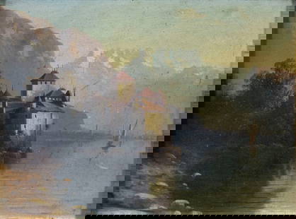 E Cobb (Europe,early 20C) oil painting antique: ARTIST: E Cobb (European, early 20 century) TITLE: Mountain Lake Landscape MEDIUM: oil on board CONDITION: Minor paint losses. Few faint scratches. No visible inpaint under UV light. Some damages to f
