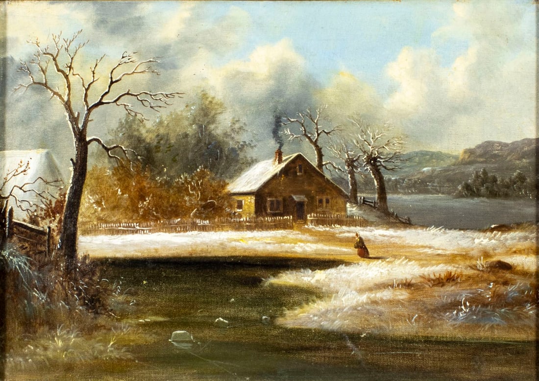 Antique 19C European oil painting: ARTIST: - (Europe, 19 century) TITLE: Winter Country Landscape MEDIUM: oil on canvas CONDITION: Missing a few flakes of paint. Minor craquelure. Few small inpaintings/touch ups. Some damages to frame.