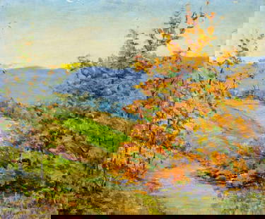 Clara Laughlin Hamilton (IN,OH,1872-1968) oil painting: ARTIST: Clara Laughlin Hamilton (Indianna, Ohio, 1872 - 1968) TITLE: Autumn Landscape MEDIUM: oil on board CONDITION: Some damages to edges. Some paint losses (see pictures carefully). No visible inpa