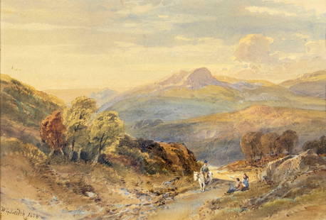 William Leighton Leitch (UK,1804-1883) watercolor painting antique: ARTIST: William Leighton Leitch (United Kingdom, 1804 - 1883) TITLE: Mountain Landscape with Figures YEAR: 1858 MEDIUM: watercolor on paper CONDITION: Minor paint loss by the left edge. Some age tonin