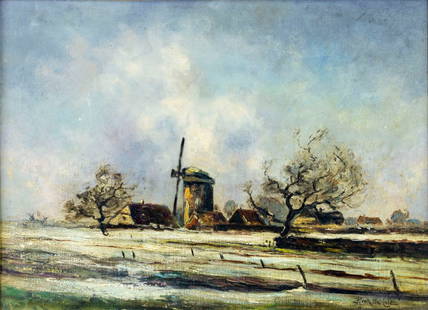 Hendrik Jan Ten Cate (Dutch,1867-1955) oil painting: ARTIST: Hendrik Jan Ten Cate (Netherlands, 1867 - 1955) TITLE: Winter Country Landscape MEDIUM: oil on canvas CONDITION: Relined. Minor paint losses. Some small scattered inpaintings/touch ups. Wear t