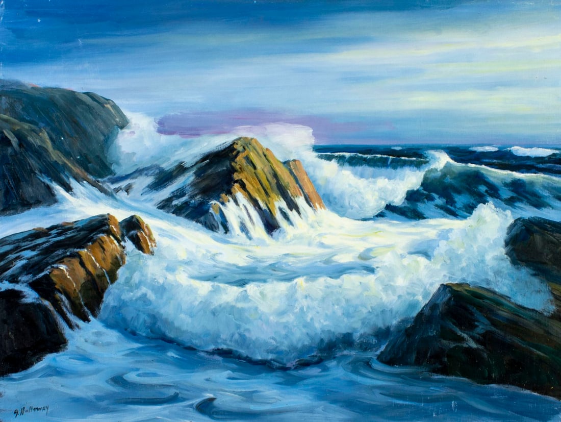 George Holloway (NJ,20C) oil painting: ARTIST: George Holloway (New Jersey, 20 century) TITLE: Seascape MEDIUM: oil on board CONDITION: Few minor paint losses. No visible inpaint under UV light. ART SIZE: 30 x 40 inches / 76 x 101 cm FRAME