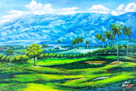 Claude Richard (Haiti,20C) oil painting: ARTIST: Claude Richard (Haitian, 20 century) TITLE: Tropical Landscape MEDIUM: oil on canvas CONDITION: Very good. No visible inpaint under UV light. ART SIZE: 16 x 24 inches / 40 x 60 cm FRAME SIZE: