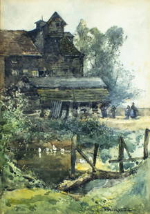 John Muirhead (UK,1863-1927) watercolor painting antique: ARTIST: John Muirhead (United Kingdom, 1863 - 1927) TITLE: Cuntry Landscape MEDIUM: watercolor on paper CONDITION: Some age toning. Framed under glass. Wear to frame. ART SIZE: 12 x 9 inches / 30 x 22